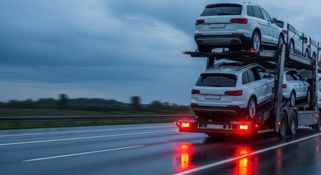 Cargo transportation truck carries several white SUVs on a rainy highway at twilight, highlighting the logistics of vehicle delivery in a vibrant settingの素材