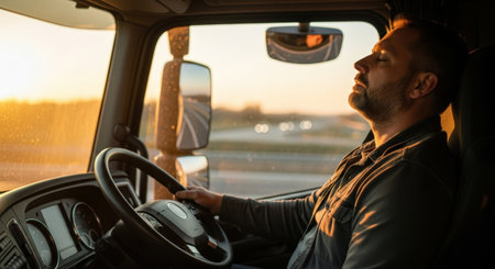 Male truck driver is resting in cabin of large vehicle, with sunset casting warm light, highlighting the significance of rest in logistics and cargo transportationの素材
