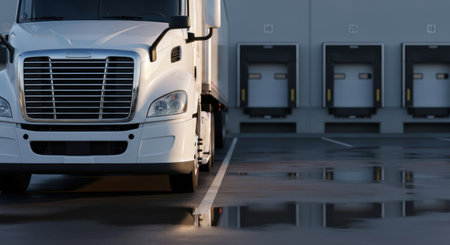 Large white cargo truck is parked in a loading dock area, with wet pavement reflecting the vehicle, emphasizing the logistics and transportation environmentの素材
