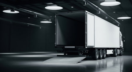 Cargo truck stands with open rear door in a spacious loading dock, highlighting the interior space and ramp, illustrating the logistics and transportation processの素材