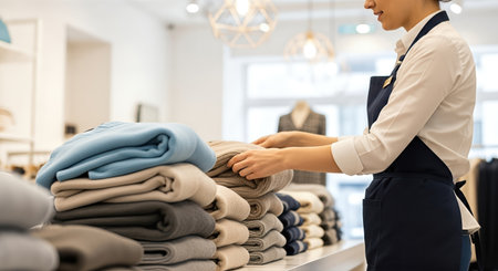 Female retail assistant is arranging folded sweaters in a clothing store, highlighting various colors and textures, creating an inviting shopping environmentの素材