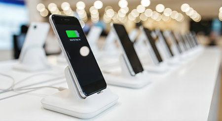 Smartphone retail store highlights display various devices on charging stands, emphasizing modern technology and sleek designs, inviting exploration of mobile innovations and featuresの素材