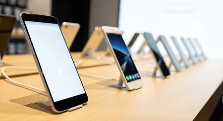 Smartphone features display multiple models on a wooden table, highlighting sleek designs and modern technology, creating an inviting atmosphere for customers to exploreの素材