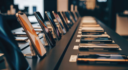 Sleek smartphones are arranged on a modern retail counter, highlighting diverse designs and colors, creating an inviting atmosphere for customers to explore mobile technologyの素材