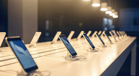 Smartphone retail store display showcases various modern devices on a sleek table, illuminated by soft lighting, creating an inviting shopping atmosphereの素材