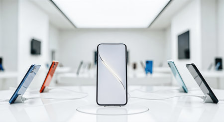 Smartphone mock up stands out in a contemporary retail environment, surrounded by vibrant devices on elegant displays, highlighting modern technology and design with copy space for promotional useの素材