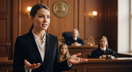 Female attorney articulating defense in courtroom, engaging with jurors and judges, demonstrating confidence and professionalism in legal proceedingsの素材