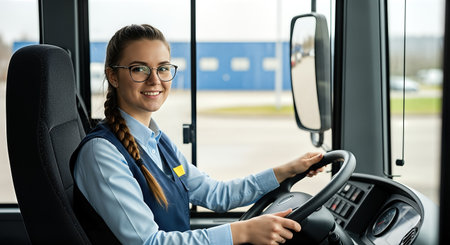 Smiling female bus driver in uniform, confidently driving public transport vehicle, with urban landscape visible through windows, highlighting commitment to service and safetyの素材