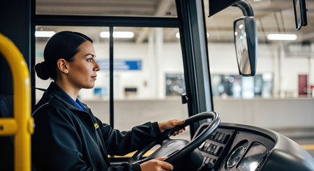 Female bus driver is skillfully navigating public transport vehicle, demonstrating commitment and focus in a contemporary urban setting with ample copy spaceの素材