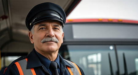 Professional bus driver in uniform, standing proudly by public transport vehicle, highlighting commitment to safety and service in urban transportation environmentの素材