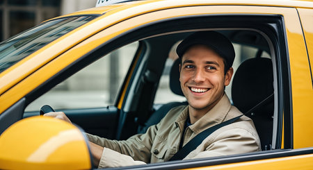 Friendly taxi driver, dressed in beige jacket and cap, smiles while driving yellow cab through lively city streets, creating an inviting atmosphere with copy spaceの素材