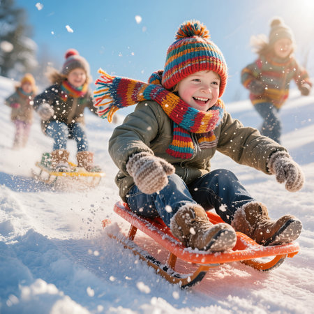Kids are sledding down a snowy slope, dressed in vibrant winter attire, enjoying the thrill of the moment with friends, capturing the essence of winter funの素材
