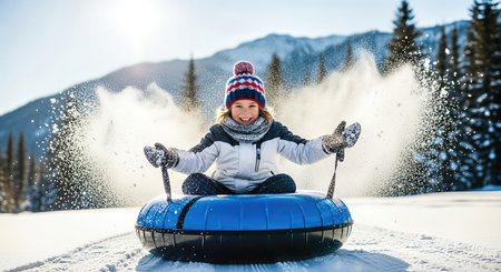 Joyful child in warm winter clothing is sledding down a snowy slope on a blue tube, with snow flying around and trees in the background, embodying winter joy and excitementの素材