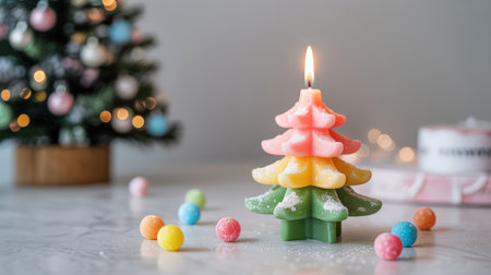 New Year. Vibrant Christmas tree candle burns brightly, surrounded by colorful candies, creating a joyful holiday scene with a beautifully adorned tree in the backgroundの素材