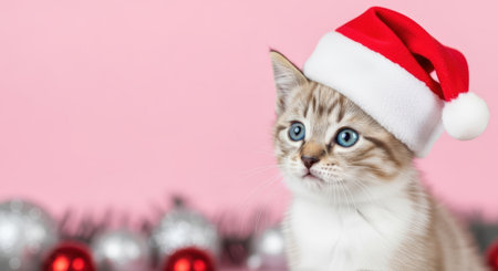 New Year. Cute kitten in a Santa hat, set against a pink background with sparkling ornaments, embodies the spirit of Christmas and holiday cheer with its playful demeanorの素材