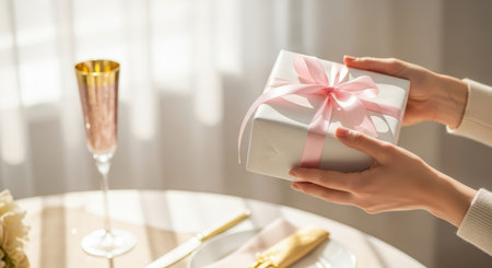 New Year. Hands present a wrapped gift adorned with a pink ribbon, placed on a stylish table with elegant glassware, enhancing the joyful ambiance of holiday celebrationsの素材