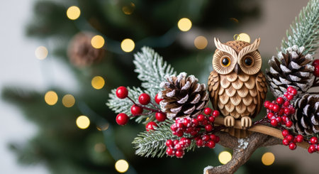 New Year. Wooden owl sits on a branch with pine cones and red berries, illuminated by soft lights from a Christmas tree, creating a warm holiday ambianceの素材