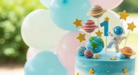 Birthday. Vibrant birthday cake featuring astronaut and planet decorations, set against a backdrop of soft pastel balloons, perfect for a child's space-themed partyの素材