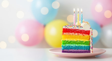 Birthday. Vibrant rainbow cake with lit candles on pink plate, set against a backdrop of colorful balloons, creating a cheerful birthday celebration sceneの素材