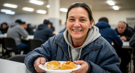 Homeless people. Woman with a warm smile holds a plate of food in a busy dining area, surrounded by others sharing meals, emphasizing community and compassionの素材