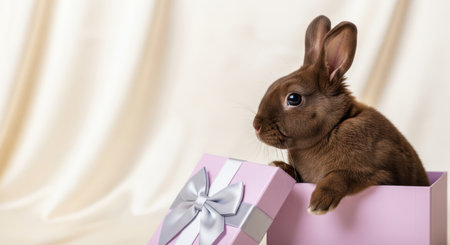 Pets. Adorable brown rabbit peeking from a pink gift box adorned with a silver ribbon, set against a soft beige background, evoking a playful and festive moodの素材