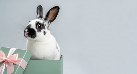 Pets. Playful rabbit with distinctive black and white markings is curiously peeking from a pastel green gift box, enhancing the festive mood of celebrationsの素材