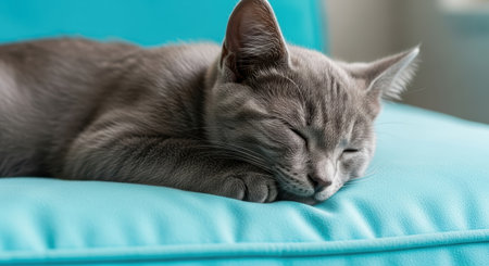 Pets. Gray cat is resting comfortably on a turquoise cushion, highlighting its serene expression and the cozy atmosphere of the indoor spaceの素材