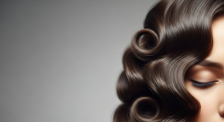 Woman with luxurious, shiny curls highlights hair beauty against a smooth gradient backdrop, creating an elegant atmosphere for hair care product promotionの素材