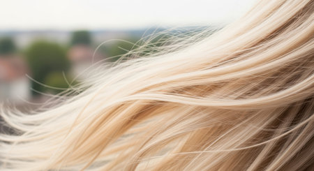 Blonde hair moves gracefully in the wind, set against a soft, blurred backdrop, emphasizing the allure and vitality of hair care and beauty routinesの素材