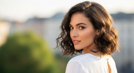Woman with wavy hair looks back over her shoulder in a bright outdoor environment, highlighting her radiant hair and showing beauty and confidenceの素材