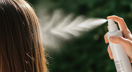 Female applying hair care spray to her long hair outdoors, highlighting the nourishing mist and enhancing the beauty of her healthy locks in natural lightの素材