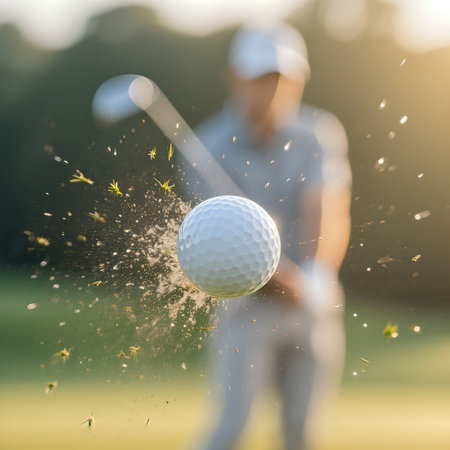 Golfer in gray clothing makes contact with a golf ball on a green course, with grass flying, showing the excitement and skill involved in the sportの素材