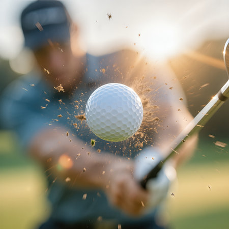 Golfer swings club to hit golf ball on vibrant green course, capturing the excitement and motion of the game with sunlight enhancing the atmosphereの素材