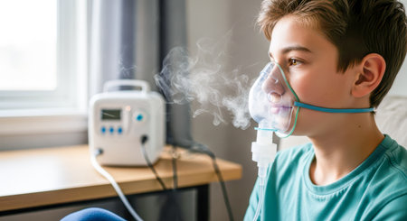 A young boy is receiving respiratory treatment with a nebulizer in a cozy room, soft light enhances the atmosphere of health and wellnessの素材