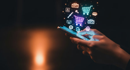 Smartphone in hand showcases colorful shopping icons, symbolizing online shopping convenience, with a dark background enhancing the digital retail atmosphereの素材