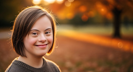 Girl with Down syndrome smiles in a beautiful park, surrounded by colorful autumn leaves, radiating happiness and the importance of social connections in natureの素材