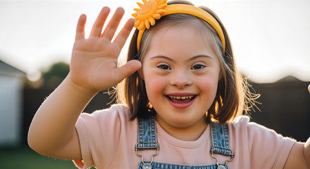 Girl with Down syndrome is happily waving her hands in an outdoor setting, wearing a yellow headband and denim overalls, showcasing joyful social interactionの素材
