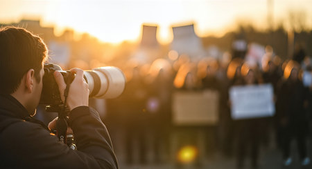 Photographer is focused on capturing significant moments at a protest, with a crowd in the background holding signs, highlighting the atmosphere of social activityの素材