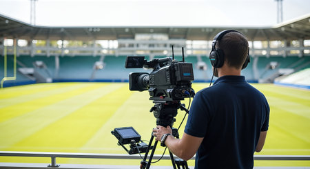 Male camera operator, equipped with professional gear, is positioned to film a live sports event on a vibrant green field, highlighting the dynamic atmosphere of sports journalismの素材