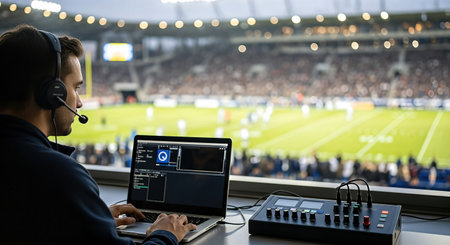 Sports commentator is engaged in live broadcasting from stadium, utilizing laptop and audio gear, surrounded by enthusiastic crowd and dynamic sports environmentの素材