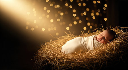 The baby Jesus in the manger, illuminated by warm heavenly light against a backdrop of golden bokeh lights. A symbol of Christmas night, hope, and the Christian faith.for religious cardsの素材