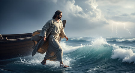 Jesus Christ is depicted walking on stormy waters, showcasing a miracle of faith amidst turbulent waves and dark skies, embodying hope and divine powerの素材