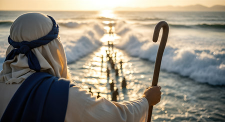 Man in traditional attire stands by the ocean, holding a staff, gazing at the sunset over the waves, creating a peaceful scene filled with spiritual significance and reflectionの素材