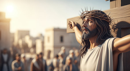 Man with a crown of thorns, arms outstretched on a wooden cross, surrounded by a crowd, capturing a poignant moment of faith, sacrifice, and devotion in a historical settingの素材