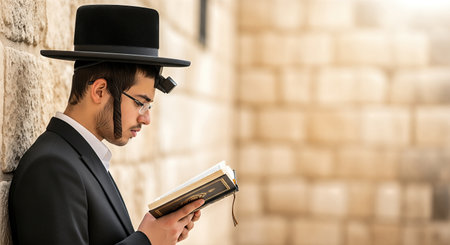 Young Jewish man is reading a religious text while leaning against a textured stone wall, embodying spirituality and devotion in a peaceful atmosphereの素材