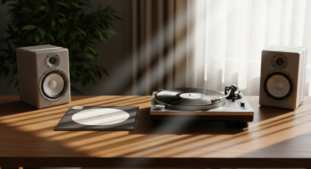 Turntable with vinyl record on wooden table, surrounded by speakers, illuminated by soft sunlight, creating a cozy ambiance for enjoying music and relaxationの素材
