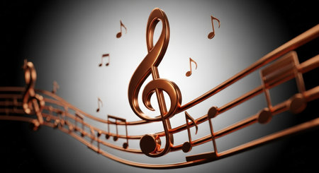 Musical notes and a treble clef flow together, creating a dynamic visual representation of rhythm and harmony, symbolizing the essence of music and danceの素材