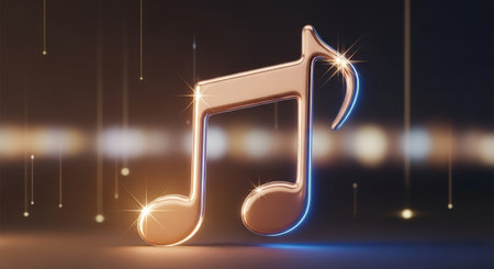 Shiny musical note symbol shines brightly against a dark background, creating a vibrant atmosphere that embodies the essence of music and dance in a captivating visual representationの素材