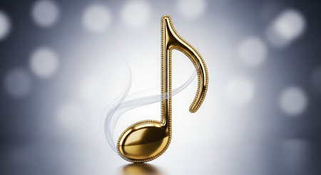Golden musical note represents creativity and harmony, beautifully crafted with intricate details, placed against a soft blurred background, enhancing artistic ambianceの素材