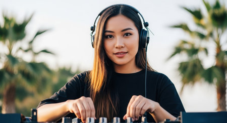 Female DJ is mixing music outdoors on a sound mixer, surrounded by palm trees, creating a vibrant atmosphere for an engaging dance eventの素材